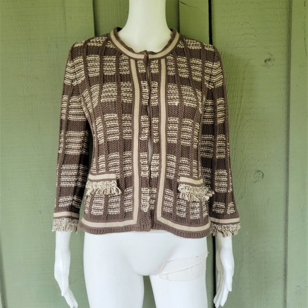 CHICO'S Brown Beige Knit Hook Front Fring Sweater Jacket 0/4
